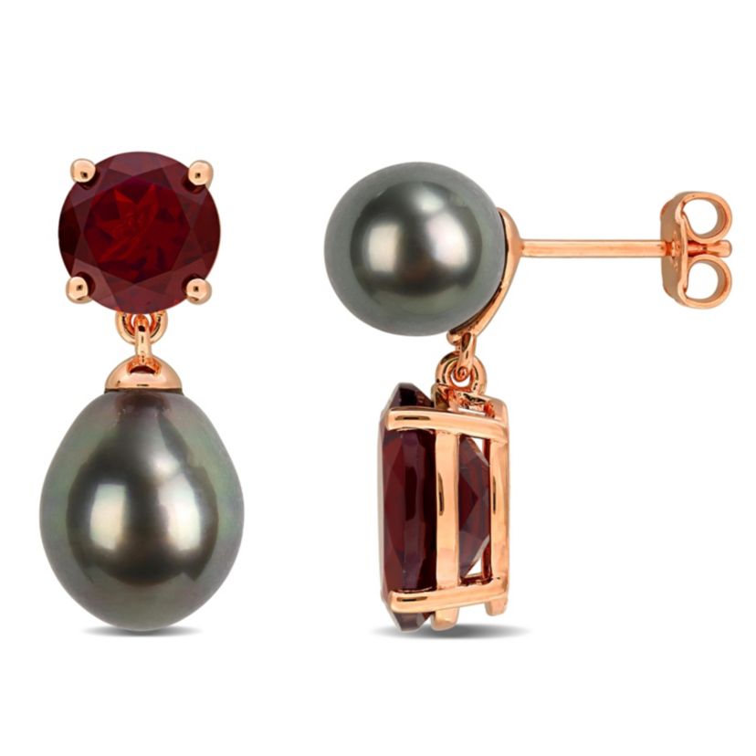 Garnet & Black Tahitian Cultured Pearl Drop Earrings in Rose Plated Sterling Silver