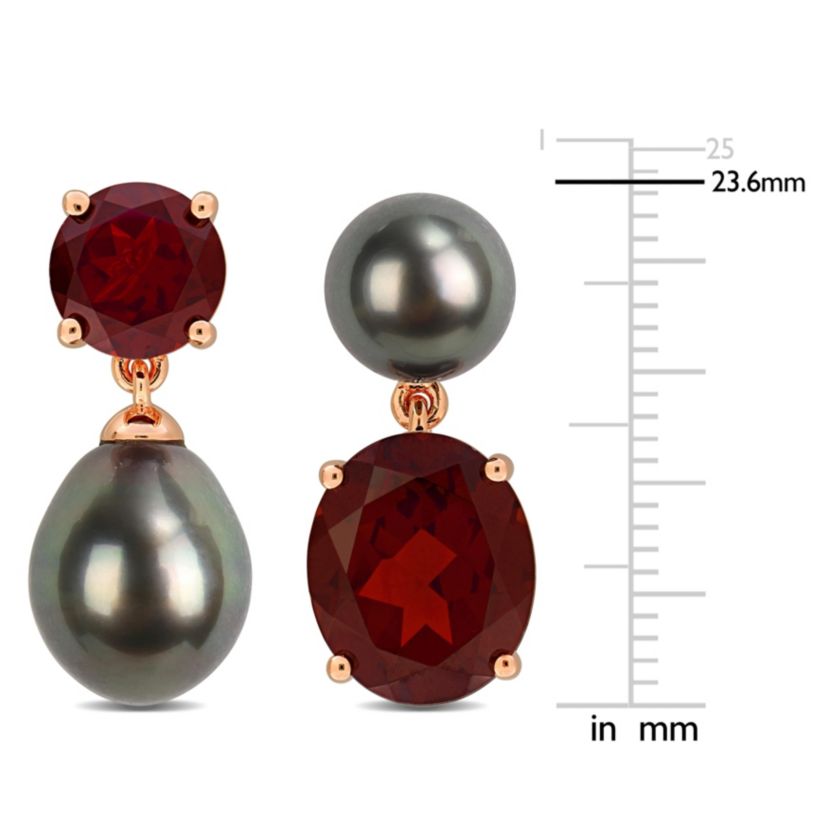 Garnet & Black Tahitian Cultured Pearl Drop Earrings in Rose Plated Sterling Silver
