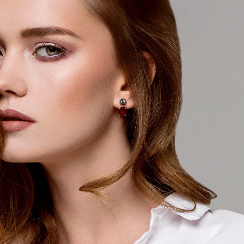 Garnet & Black Tahitian Cultured Pearl Drop Earrings in Rose Plated Sterling Silver
