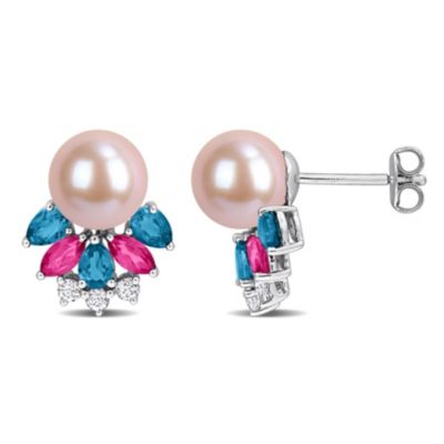 Belk & Co London Blue, Pink, & White Topaz & 8-8.5MM Pink Freshwater Cultured Pearl Earrings in Sterling Silver