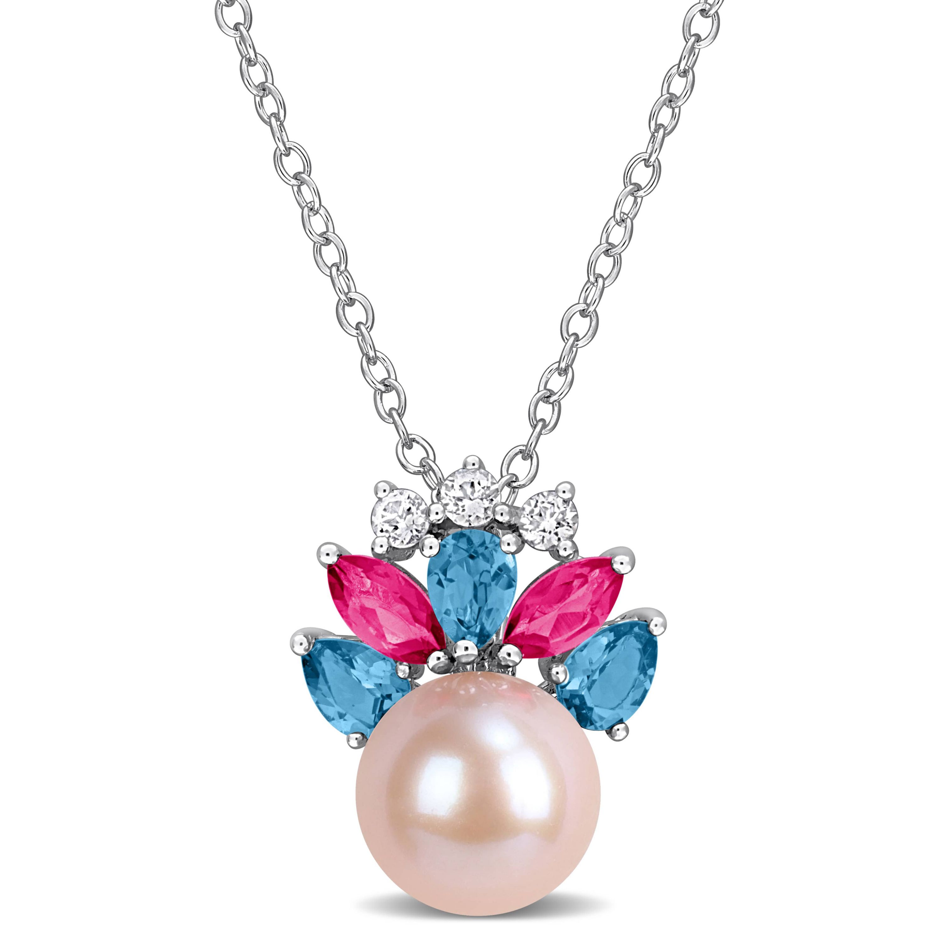 London Blue, Pink & White Topaz & 8-8.5MM Pink Freshwater Cultured Pearl Pendant With Chain in Sterling Silver, 17"