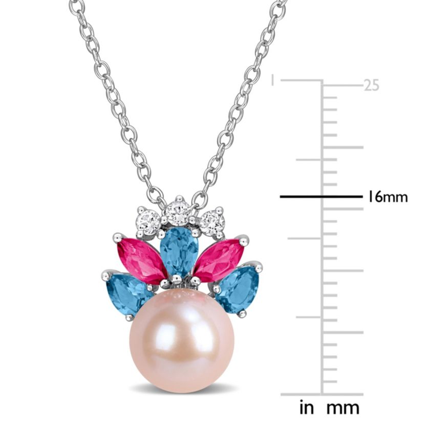 London Blue, Pink & White Topaz & 8-8.5MM Pink Freshwater Cultured Pearl Pendant With Chain in Sterling Silver, 17"