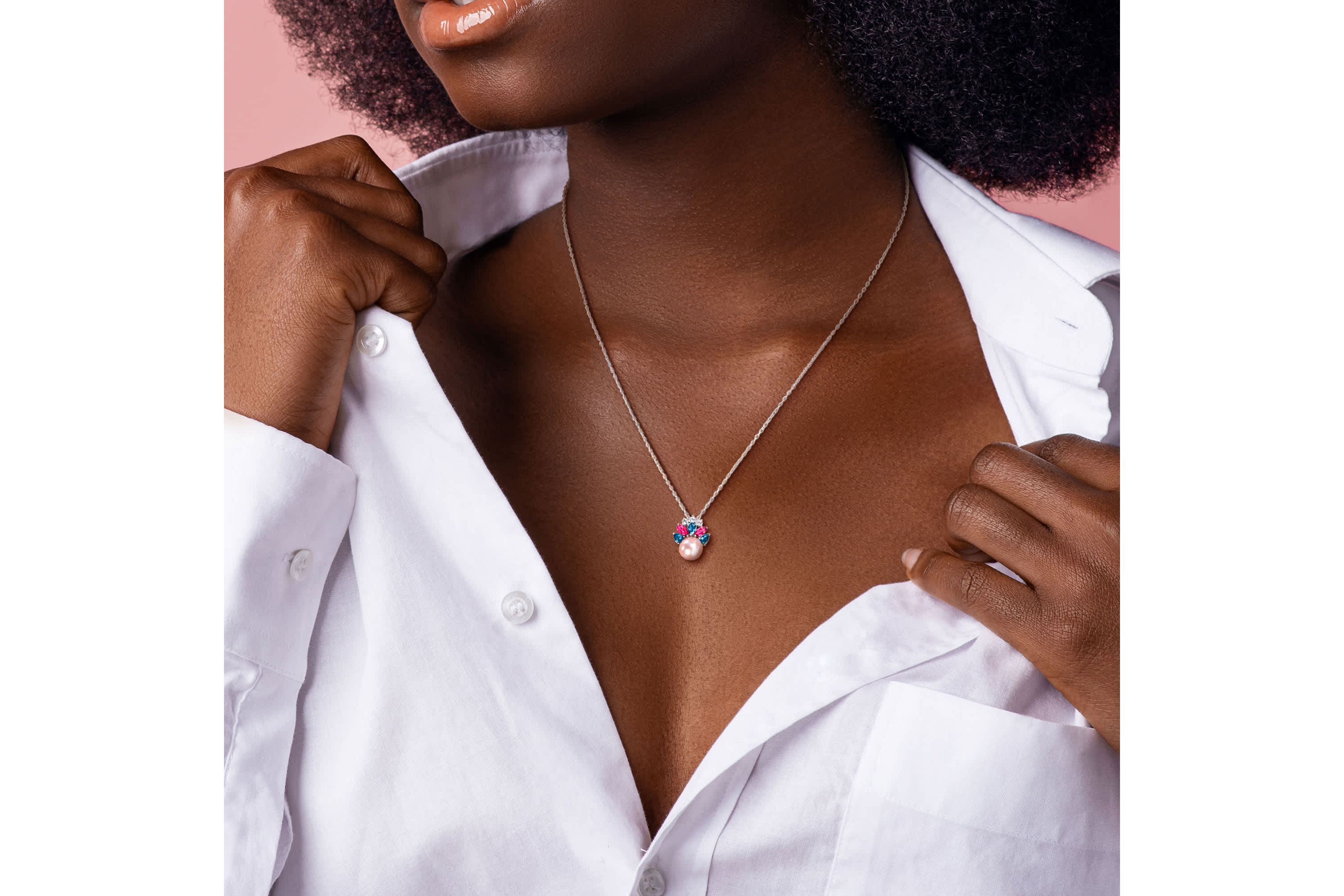 London Blue, Pink & White Topaz & 8-8.5MM Pink Freshwater Cultured Pearl Pendant With Chain in Sterling Silver, 17"