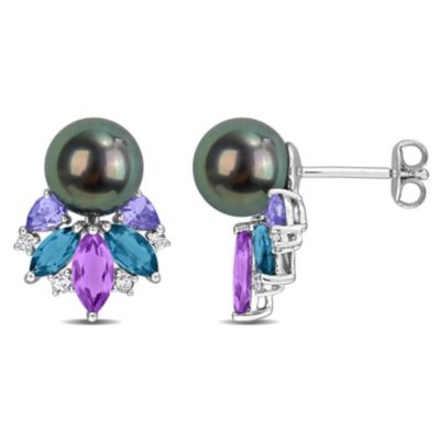 Belk & Co Amethyst-Africa, London Blue & White Topaz with Tanzanite & 8-8.5MM Black Tahitian Cultured Pearl Stud Earrings in Sterling Silver