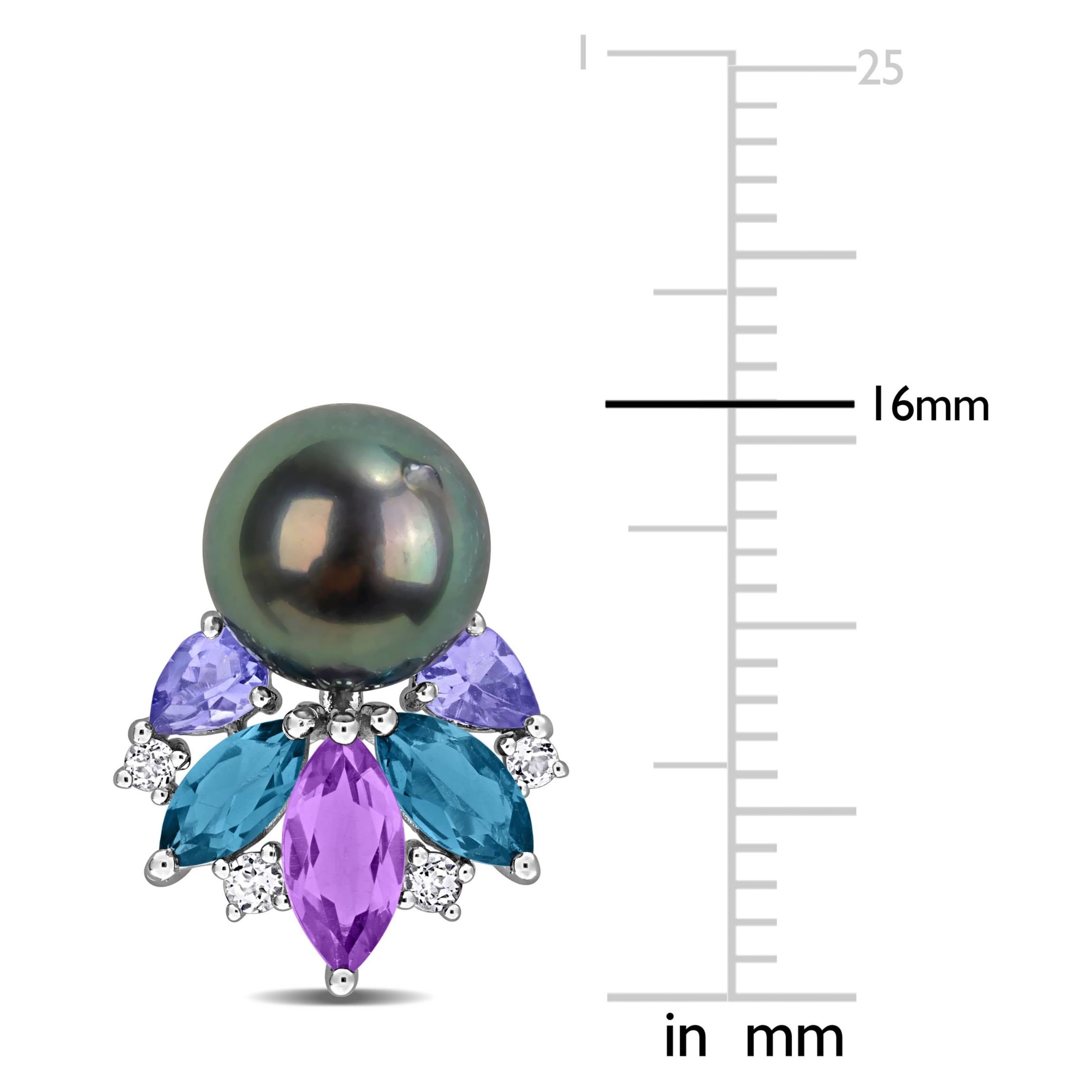 Amethyst-Africa, London Blue & White Topaz with Tanzanite & 8-8.5MM Black Tahitian Cultured Pearl Stud Earrings in Sterling Silver