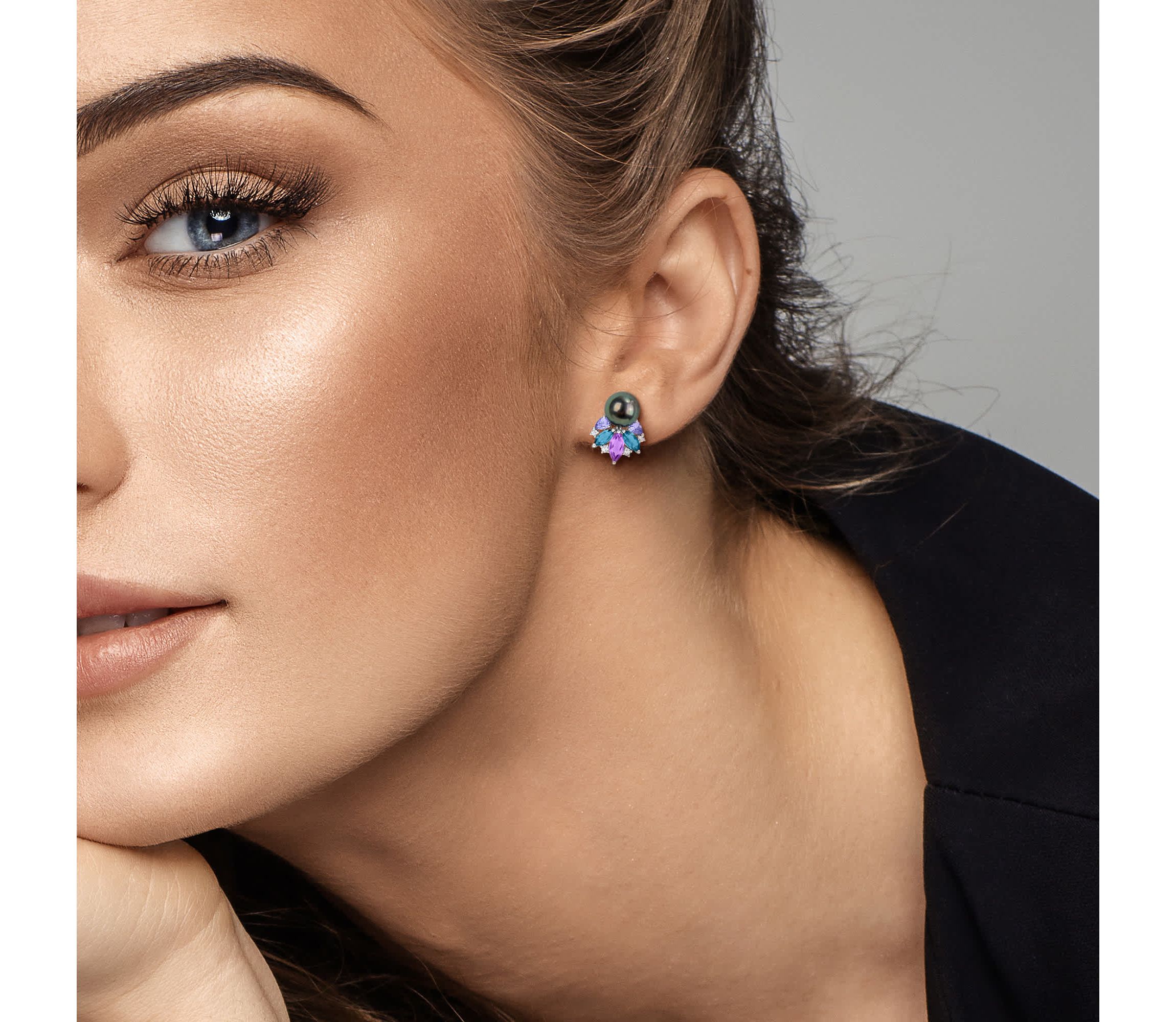 Amethyst-Africa, London Blue & White Topaz with Tanzanite & 8-8.5MM Black Tahitian Cultured Pearl Stud Earrings in Sterling Silver