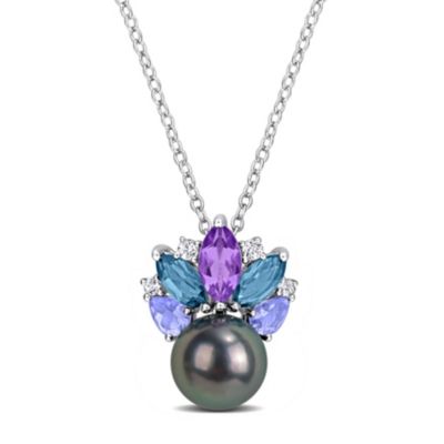 Belk & Co Amethyst-Africa, London Blue Topaz, Tanzanite, White Topaz & 8-8.5MM Black Tahitian Cultured Pearl Pendant With Chain in Sterling Silver