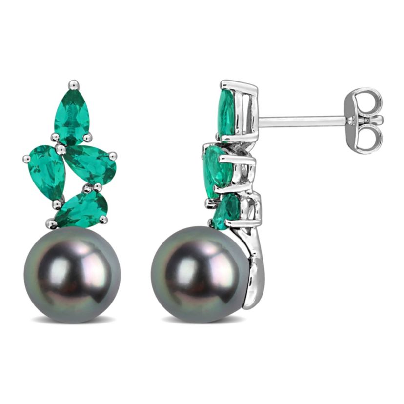 Lab Created Created Emerald & 8-8.5MM Black Tahitian Cultured Pearl Stud Earrings in Sterling Silver