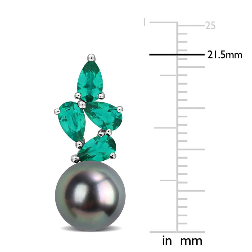Lab Created Created Emerald & 8-8.5MM Black Tahitian Cultured Pearl Stud Earrings in Sterling Silver