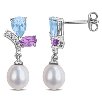 Belk & Co Sky Blue & White Topaz, Rose de France & 6.5-7MM Freshwater Cultured Pearl Drop Earrings in Sterling Silver