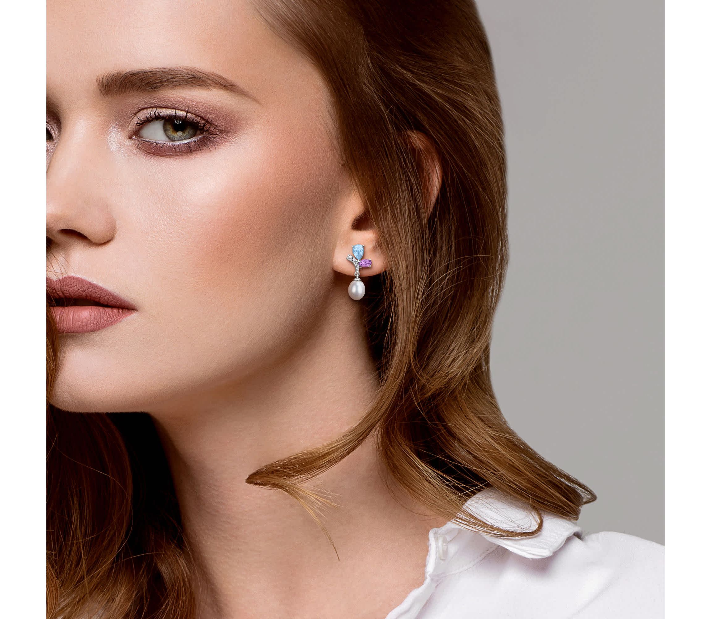 Sky Blue & White Topaz, Rose de France & 6.5-7MM Freshwater Cultured Pearl Drop Earrings in Sterling Silver