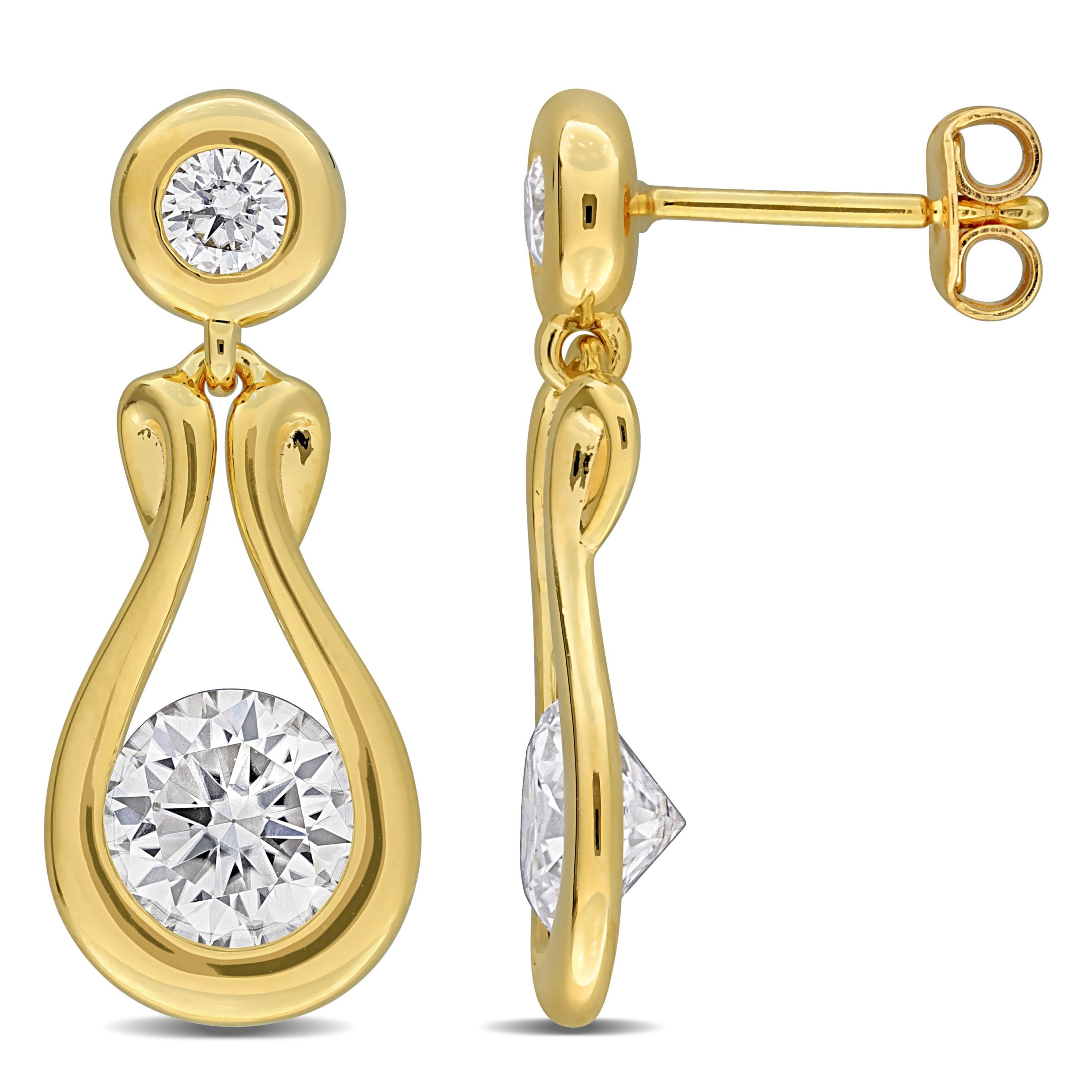 Lab Created Created White Moissanite Drop Earrings in Yellow Plated Sterling Silver
