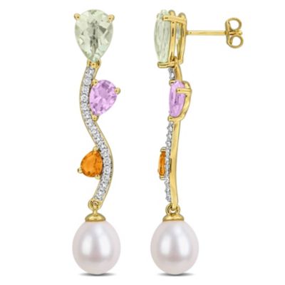 Belk & Co Green, Amethyst, Rose de France, Citrine, White Topaz & 9-9.5MM Freshwater Cultured Pearl Drop Earrings in Yellow Plated Sterling Silver