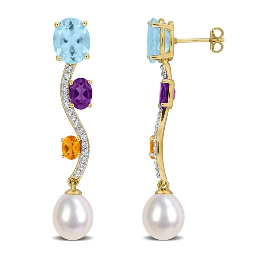 Sky Blue Topaz Amethyst Citrine White Topaz & 9-9.5MM Freshwater Cultured Pearl Drop Earrings in Yellow Plated Sterling Silver