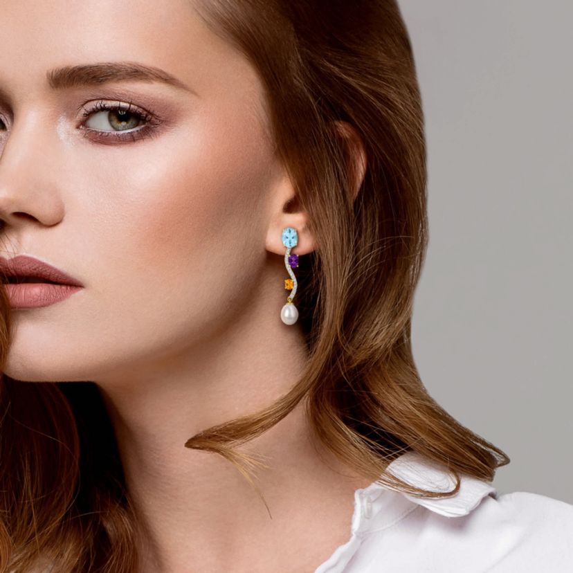 Sky Blue Topaz Amethyst Citrine White Topaz & 9-9.5MM Freshwater Cultured Pearl Drop Earrings in Yellow Plated Sterling Silver