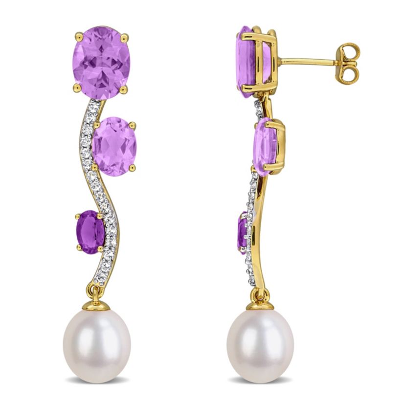 Amethyst, Rose de France, Amethyst-Africa, White Topaz & 9-9.5MM Freshwater Cultured Pearl Drop Earrings in Yellow Plated Sterling Silver