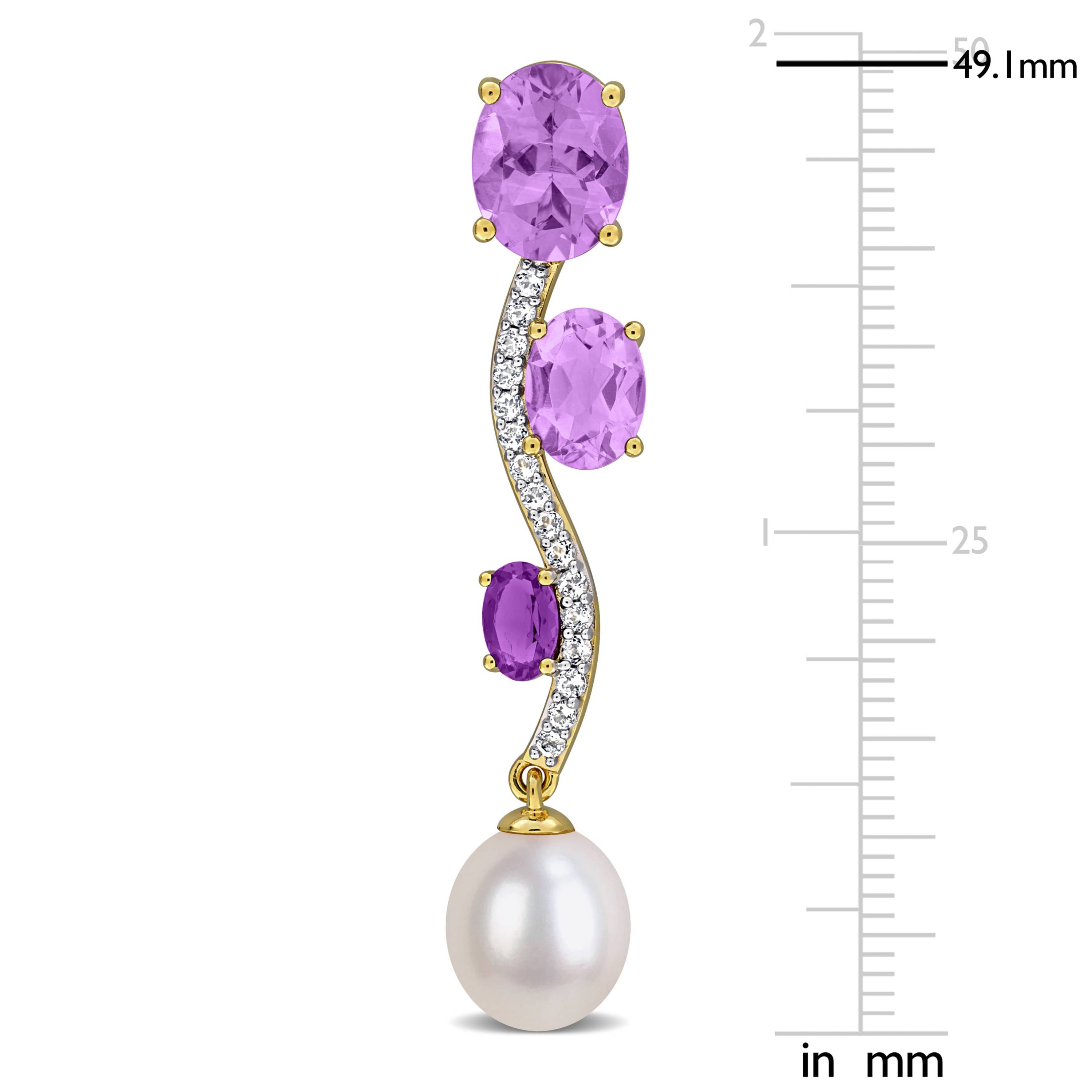 Amethyst, Rose de France, Amethyst-Africa, White Topaz & 9-9.5MM Freshwater Cultured Pearl Drop Earrings in Yellow Plated Sterling Silver