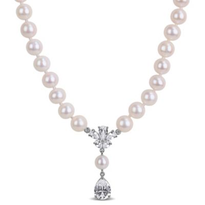 Belk & Co Lab Created White Sapphire & Freshwater Cultured Pearl Necklace in Sterling Silver, 17"