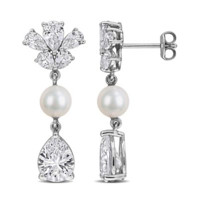 Belk & Co Lab Created White Sapphire & 6-6.5MM Freshwater Cultured Pearl Drop Earrings in Sterling Silver