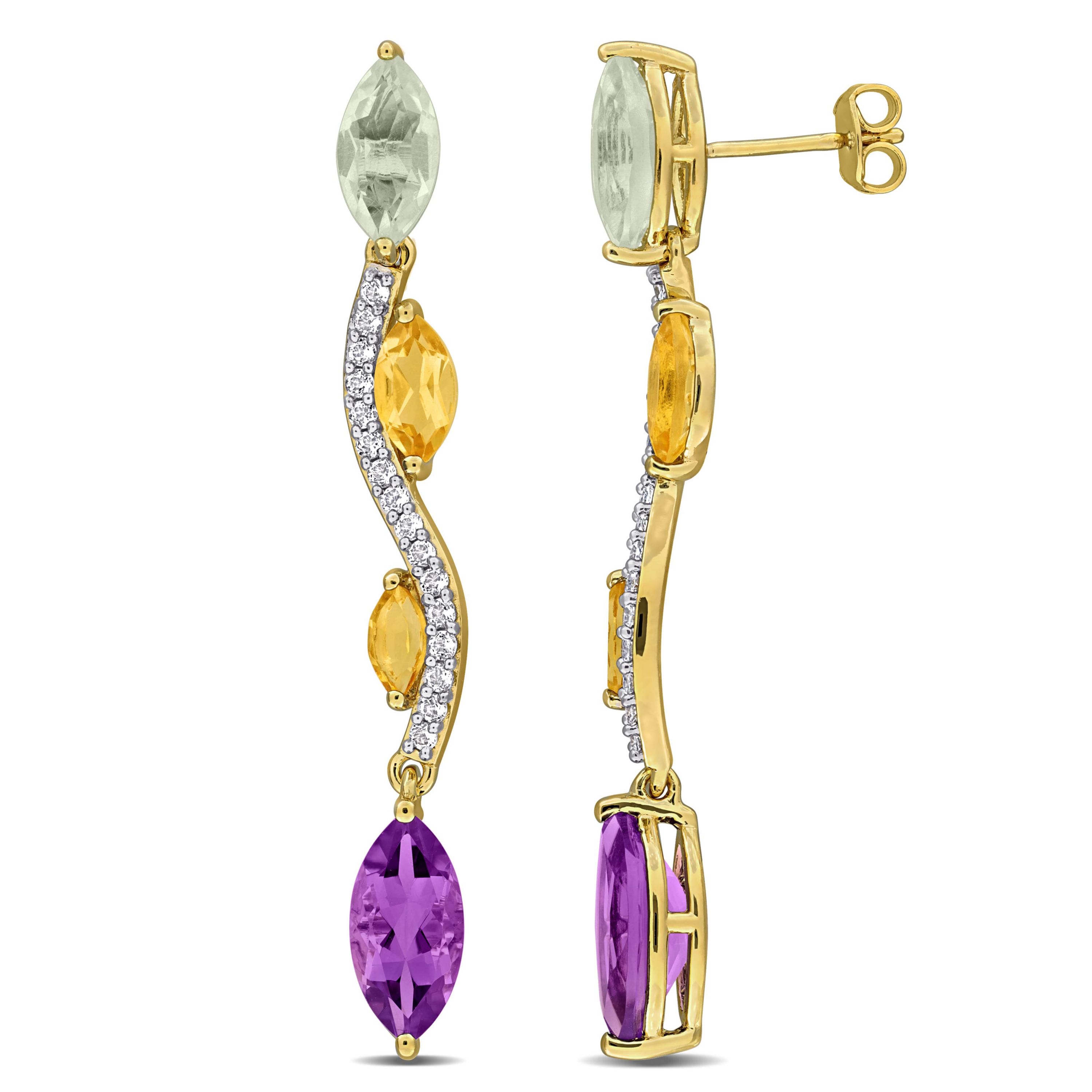 Green Quartz, Citrine, Amethyst & White Topaz Earrings in Yellow Plated Sterling Silver