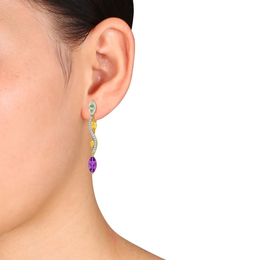 Green Quartz, Citrine, Amethyst & White Topaz Earrings in Yellow Plated Sterling Silver