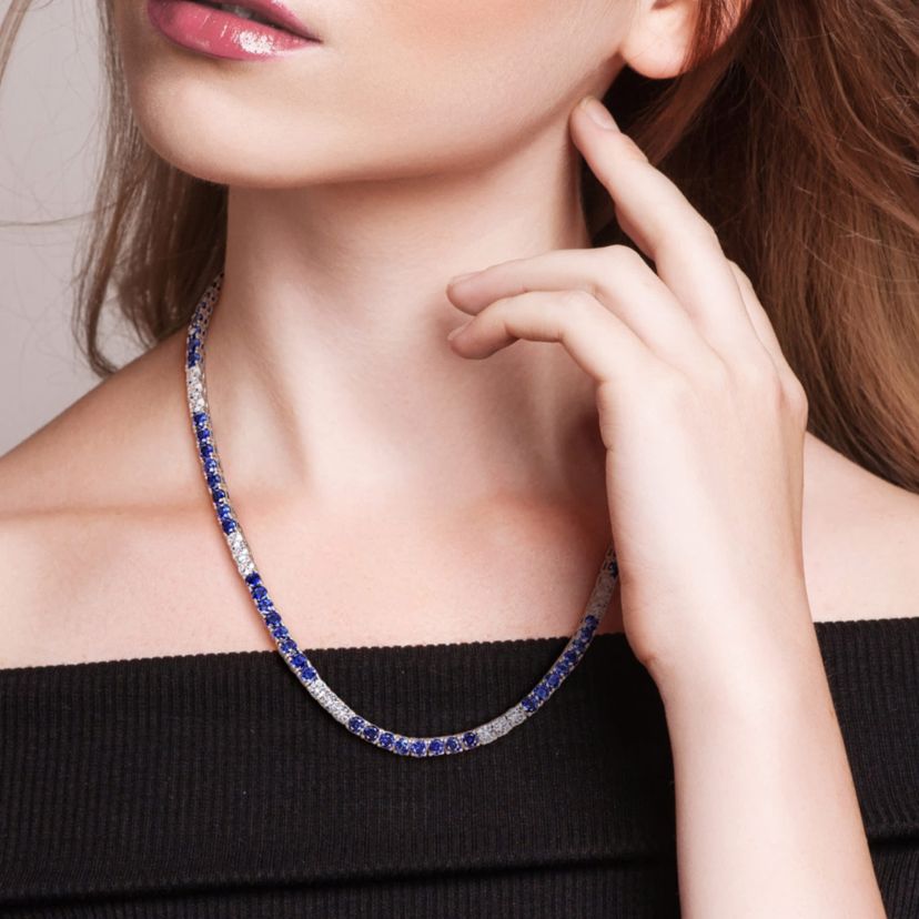 Lab Created Created Blue & White Sapphire Necklace in Sterling Silver, 17"