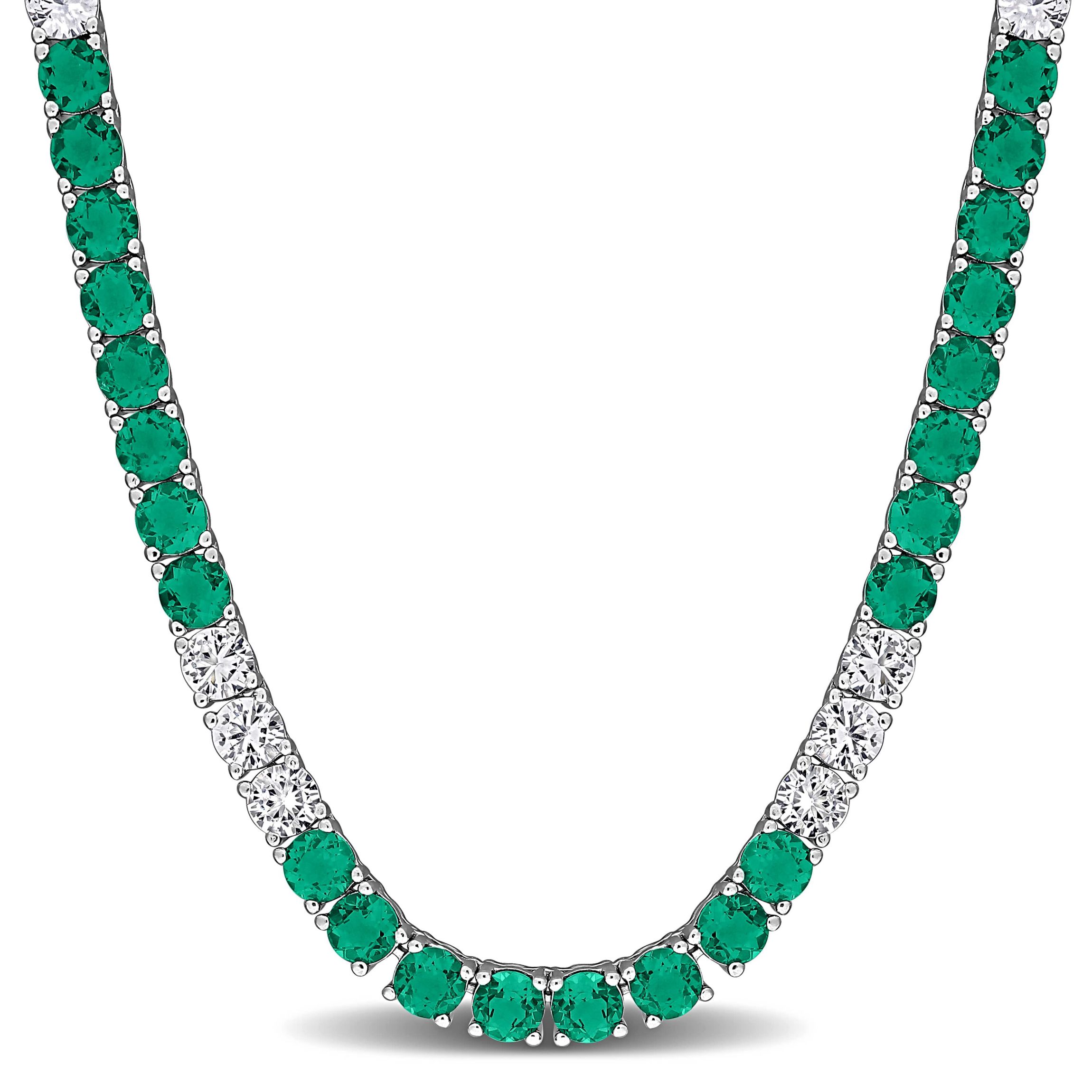 Lab Created Created Emerald & Created White Sapphire Necklace in Yellow Plated Sterling Silver, 17"