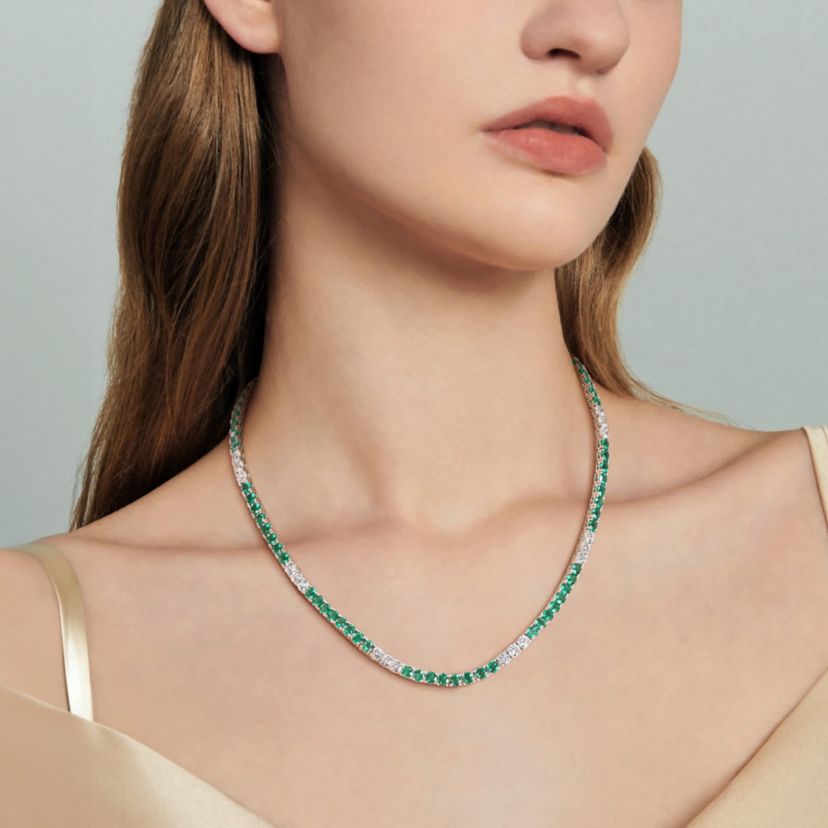 Lab Created Created Emerald & Created White Sapphire Necklace in Yellow Plated Sterling Silver, 17"