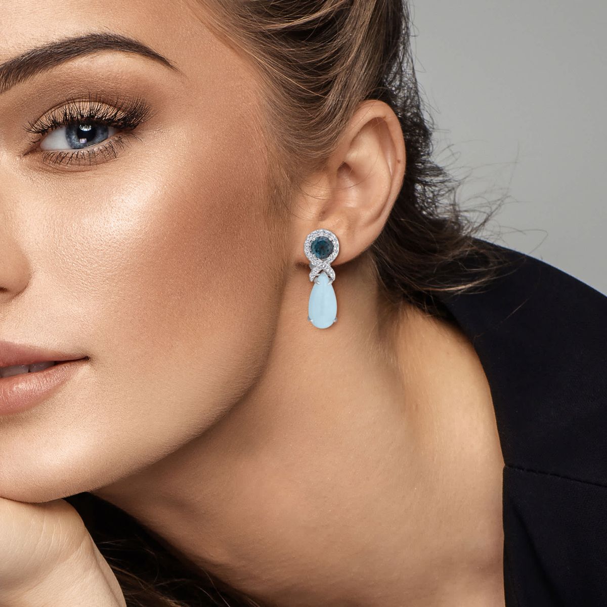 Aquamarine, London Blue & White Topaz LeverBack Earrings in Sterling Silver