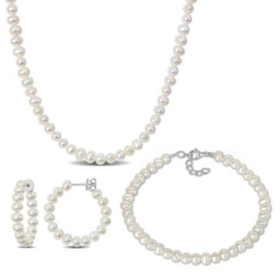 Belk & Co 3 Piece Set of 4.5-5mm Freshwater Cultured Pearl Bracelet, Earrings & Necklace, 17"+2" Ext. & 7.25"+1" Ext, White