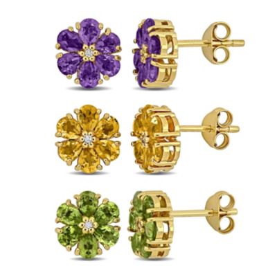 Belk & Co 2 Piece Set of Amethyst, Citrine, Peridot, & White Topaz Flower Stud Earrings in Yellow Plated Sterling Silver