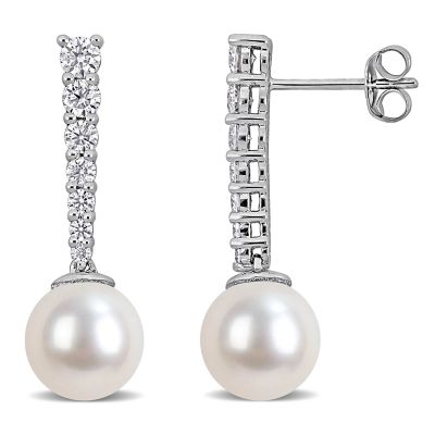 Belk & Co Lab Created 8-9mm Freshwater Cultured Pearl & White Moissanite Graduated Drop Earrings in 10k White Gold