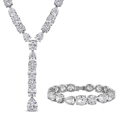 Belk & Co Lab Created 2-Piece Set of White Sapphire Lariat Necklace & Bracelet in Sterling Silver - 16 in + 7 in