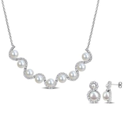 Belk & Co 2-Piece Set of 4-8.5mm Freshwater Cultured Pearl & White Topaz Necklace & Earrings in Sterling Silver - 17 in