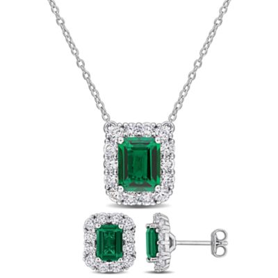 Belk & Co Lab Created 2-Piece Set of Emerald & Diamond Halo Necklace & Stud Earrings in Sterling Silver - 17 in, White