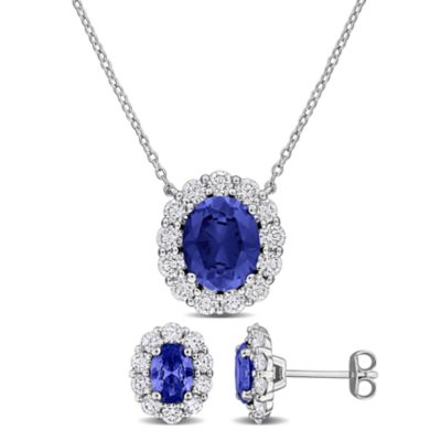 Belk & Co Lab Created 2-Piece Set of Blue Sapphire & Diamond Halo Necklace & Stud Earrings in Sterling Silver - 17 in, White