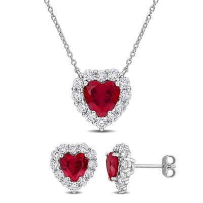 Belk & Co Lab Created 2-Piece Set of Ruby & Diamond Halo Necklace & Stud Earrings in Sterling Silver - 17 in, White