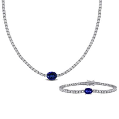 Belk & Co Lab Created 2-Piece Set of Blue & White Sapphire Bracelet & Necklace in Sterling Silver - 7.25 in + 17 in