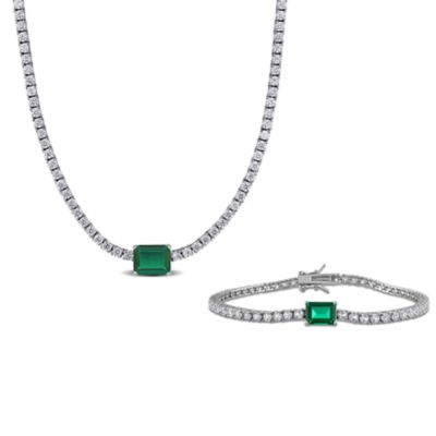 Belk & Co Lab Created 2-Piece Set of Emerald & White Sapphire Bracelet & Necklace in Sterling Silver - 7.25 in + 17 in