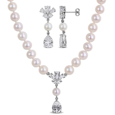 Belk & Co Lab Created 2-Piece Set of 6-7mm Freshwater Cultured Pearl & White Sapphire Earrings & Necklace in Sterling Silver - 17 in
