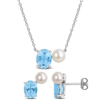 Belk & Co 2-Piece Set of 5.5-6.5mm Freshwater Cultured Pearl & Sky Blue Topaz Earrings & Necklace in Sterling Silver - 17 in