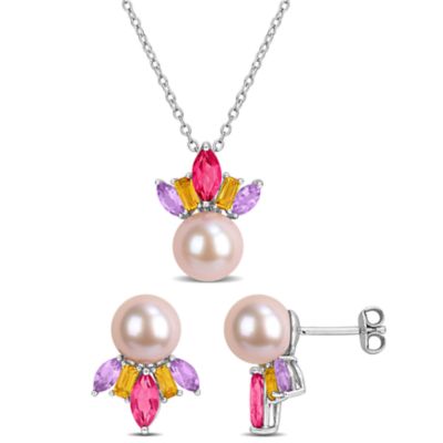 Belk & Co 2-Piece Set of 7.5-8.5mm Pink Freshwater Cultured Pearl & Multi-Gem Earrings & Pendant with Chain in Sterling Silver - 17 in, White