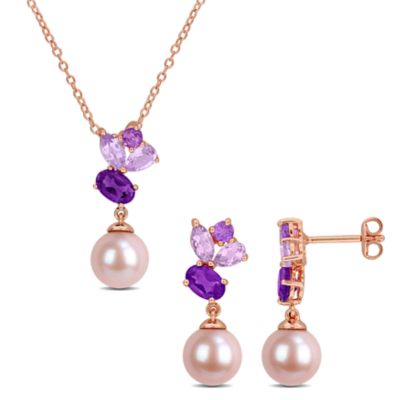 Belk & Co 2-Piece Set of 8-8.5mm Pink Freshwater Cultured Pearl & African Amethyst, Rose de France Earrings & Pendant with Chain in Sterling Silver