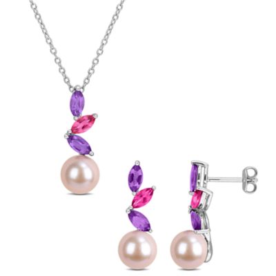 Belk & Co 2-Piece Set of 8-8.5mm Pink Freshwater Cultured Pearl, African Amethyst & Pink Topaz Earrings & Pendant with Chain in Sterling Silver - 17