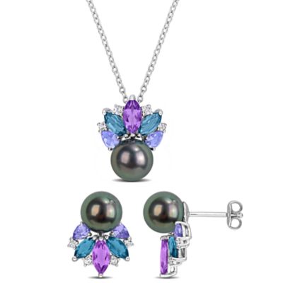 Belk & Co 2-Piece Set of 8-8.5mm Cultured Tahitian Pearl & Multi-Gem Earrings & Pendant with Chain in Sterling Silver - 17 in, White