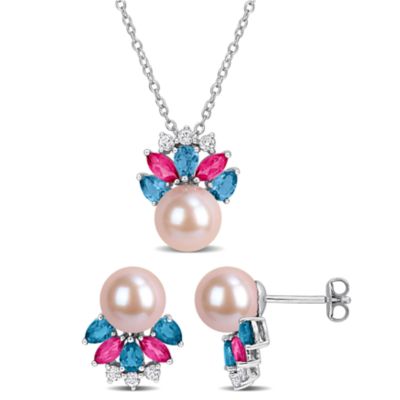 Belk & Co 2-Piece Set of 8-8.5mm Pink Freshwater Cultured Pearl & Pink, London Blue & White Topaz Earrings & Pendant with Chain in Sterling Silver