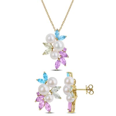 Belk & Co 2-Piece Set of 5-8mm Freshwater Cultured Pearl & Multi-Gem Cluster Earrings & Pendant with Chain in Yellow Plated Sterling Silver - 17 in
