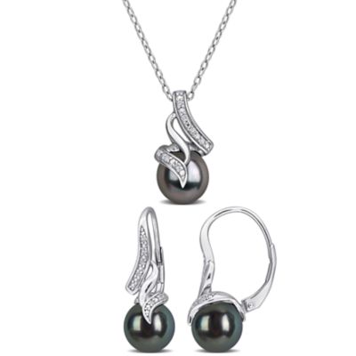 Belk & Co 2-Piece Set of 8-8.5mm Cultured Tahitian Pearl & Diamond Earrings & Pendant with Chain in Sterling Silver - 18 in, White