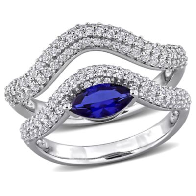 Belk & Co Lab Created 2-Piece Set of Blue & White Sapphire & White Topaz Curved Ring in Sterling Silver