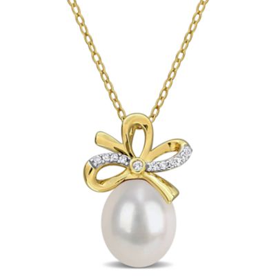Belk & Co Lab Created 9-10mm Freshwater Cultured Pearl & White Sapphire Bow Pendant in Yellow Plated Sterling Silver - 18 in